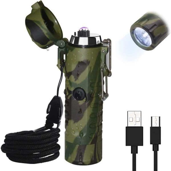 Outdoor Camping Waterproof Double Arc Electric Lighter with Flashlight USB Rechargeable Plasma Adventure Smoking Tool H33I