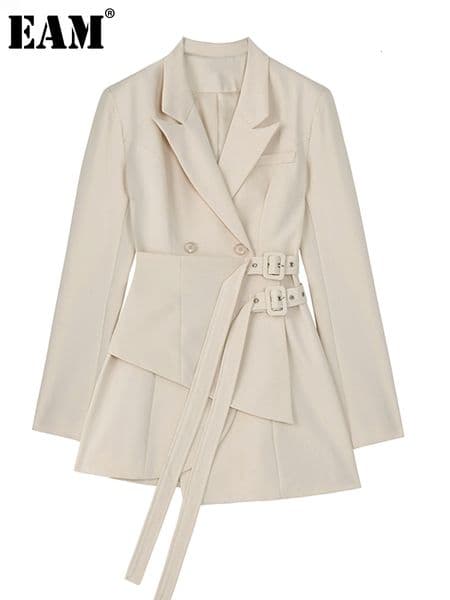 Womens Suits Blazers EAM Women Irregular Bandage Spliced Blazer Lapel Long Sleeve Loose Fit Jacket Fashion Spring Autumn 1DA710 230228