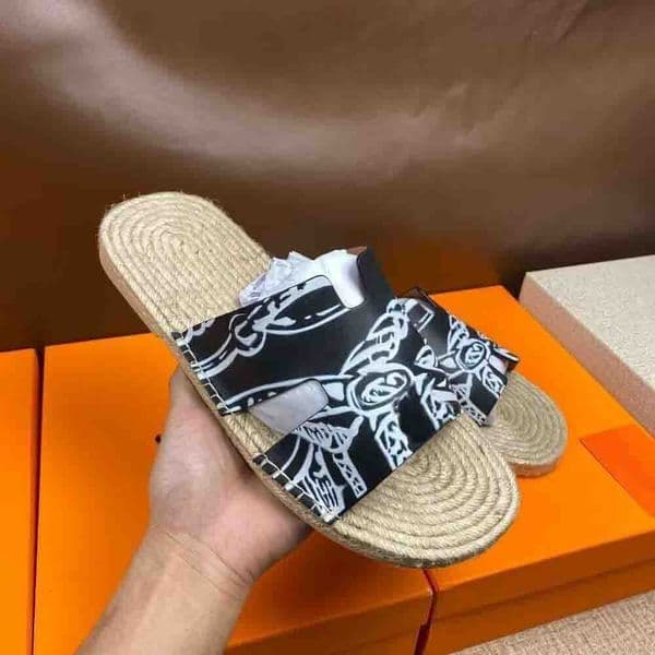 Summer slipper Luxury Izmir Sandals men Shoes Calfskin Leather Mens Slippers Slip On Beach Slide Flats Boy's Flip Flops Sandalias Straw sole EU38-46