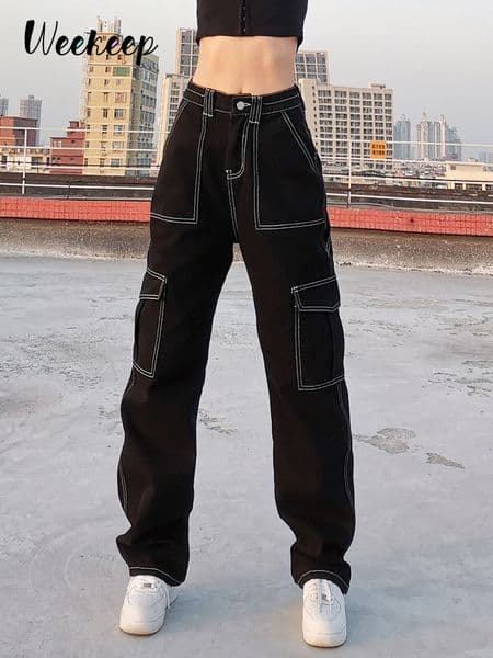 Women's Jeans Weekeep Pockets Patchwork Baggy Jeans Fashion Streetwear 100% Cotton Women Denim Trouser Loose Cargo Pants Korean Jeans Harajuku 230303