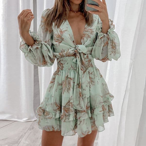 Skirts wsevypo Elegant Fashion Floral Chiffon Ruffles Dress Mini A-Line Fall Spring Women's Lantern Sleeve Deep V Tied Up Dress 230306