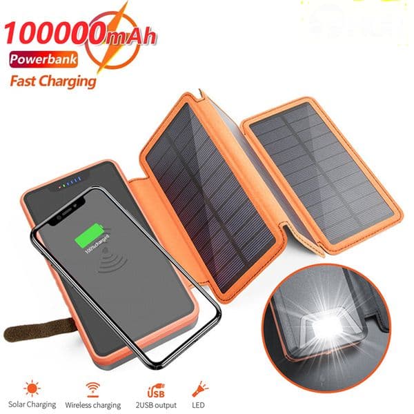 Folding Power Bank Wireless 100000mAh Waterproof Outdoor External Battery Pack Emergency Solar Panel Charger For Phone