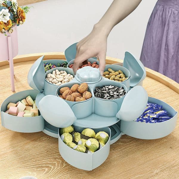 Food Savers Storage Containers Petal Shape Rotating Candy Box Snack Nut Flower Fruit Plate Case Two Deck Dried Organizer 230307