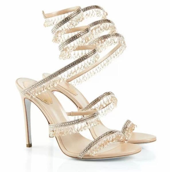 Summer Crystals Embellished stiletto Heels sandals 95mm Ankle strap Wraparound women high heeled sandal rhinestone flower Evening shoes Large size 34-43 Bring box