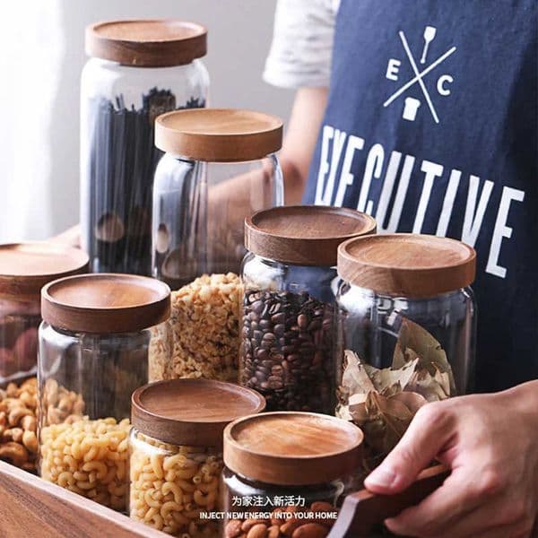 Storage Bottles Jars Glass Airtight Kitchen Storage Jar Sealed Food Container Grains Canister Candy Jars with Wood Lid Mason Jar Stickers Organizer J230301
