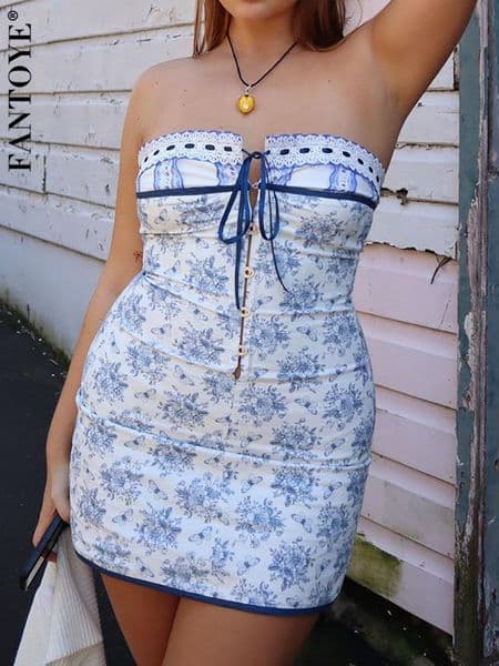Skirts Fantoye Floral Printed Vacation Women Dress Off shoulder Blue Metal Button Spring Skinny Elegant Outside Female Mini Dresses 230308