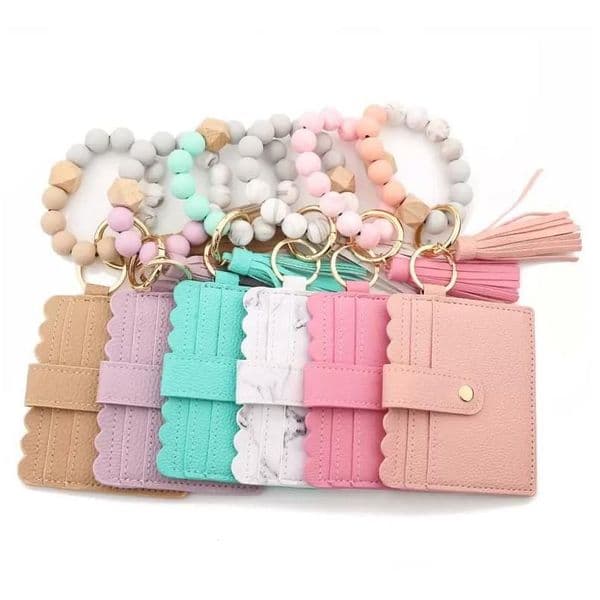 Party Favor Pu Leather Bracelet Wallet Keychain Tassels Bangle Key Ring Holder Card Bag Sile Beaded Wristlet Keychains Handbag Women Pulsera Cartera Llavero