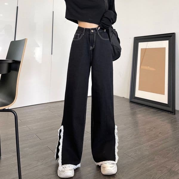 Women's Jeans Black Denim Women Autumn High Waist Straight Leg Pants with Lace Trim Side Split Wide Leg Y2k Jeans Loose Denim Trousers 230310
