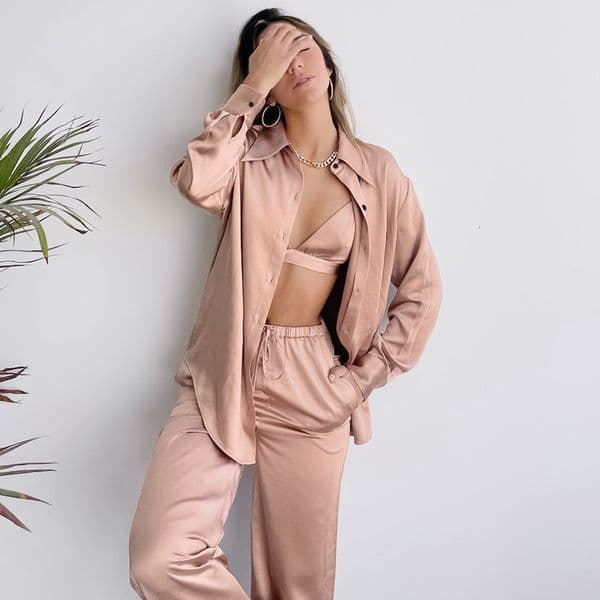 Women's Sleepwear Restve Casual Pajamas For Women 3 Piece Set Turn Down Collar Long Sleeve Tops Bra Female Sets With Pants Solid Home Wear 230310