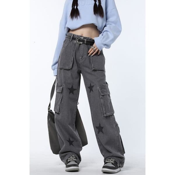 Womens Jeans Vintage Grey High Waist Women Jeans Straight Baggy Denim Pants Stars American Fashion Streetwear Wide Leg Jean Female Trouser 230313