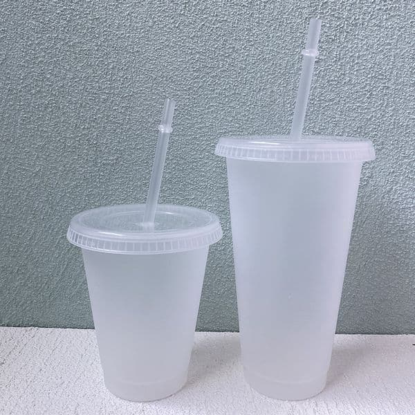 24oz Clear Cup Plastic Mugs Transparent Tumbler Summer Reusable Cold Drinking Coffee Juice Mug with Lid and Straw dh545
