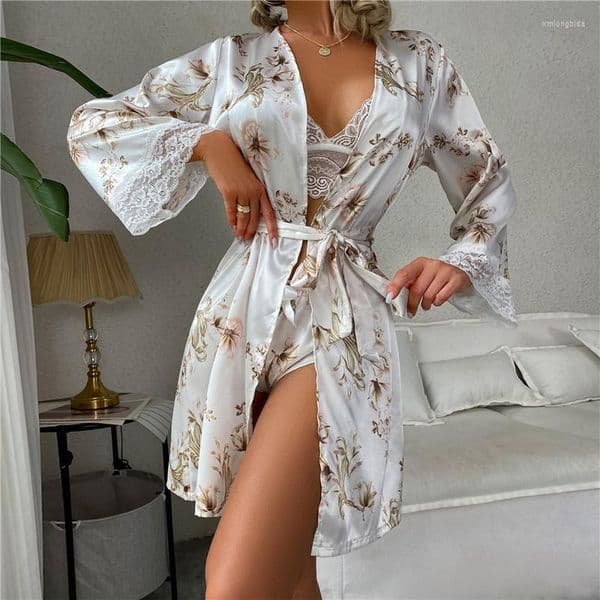 3pcs Womens Slpwear Women Sexy Lingerie Le Satin Camisole Nightyu0026robe Pamas Set Slp Wear Homewear Nightgown L260609