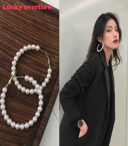 Hoop Huggie Luckyoverflow Trendy 4CM6CM Pearl Earrings Women Exaggerated Large Big Circle Ear Rings Fashion Jewelry1