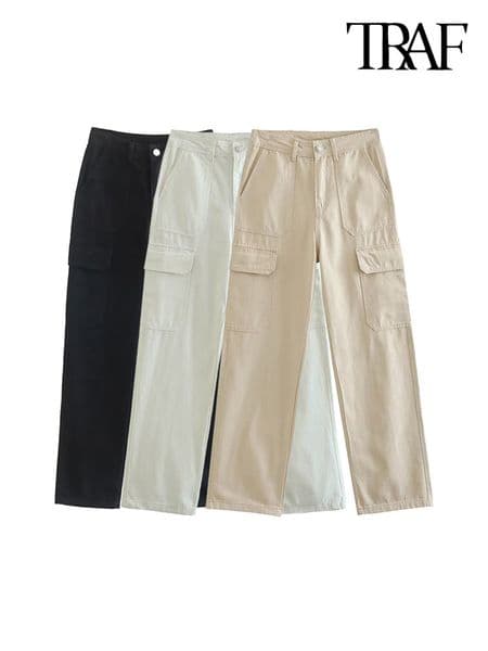 Women's Pants Capris TRAF Women Fashion With Side Patch Pockets Straight Cargo Pants Vintage High Waist Zipper Fly Female Trousers Mujer 230321