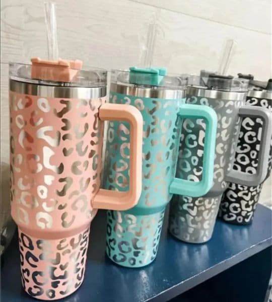 40oz Mugs Leopard Print with Handle Lid Straw Beer Mug Water Bottle Powder Coating Outdoor Camping Cup Vacuum Insulated Drinking 5colors L260513