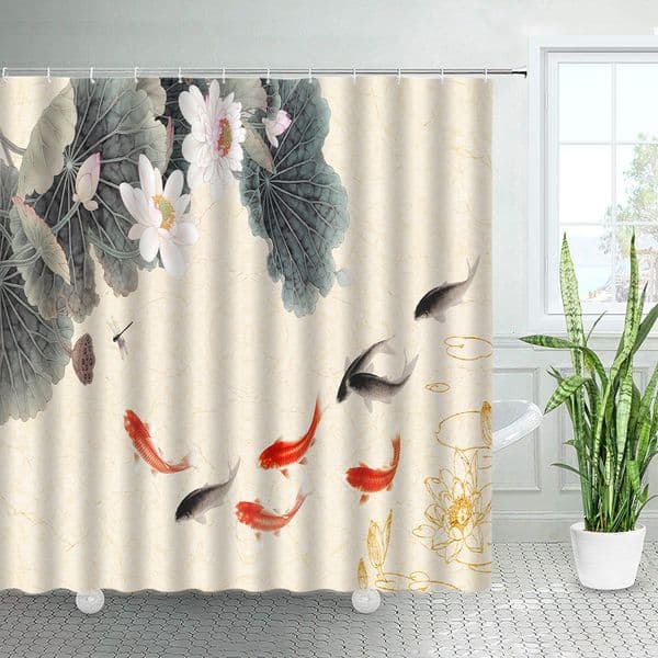 Shower Curtains Ink Carp Pink Floral Shower Curtains Set Red Black Koi Fish Chinese Style Decor Bathroom Fabric Bathtub Bath Curtain With Hooks 230322