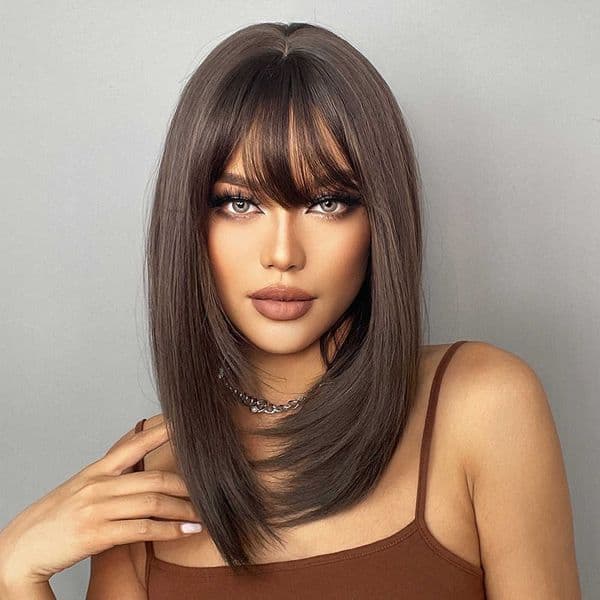 Synthetic Wigs Dropshipping Easihair Dark Brown Synthetic Wigs Medium Length Stright with Bangs Bob for Women Cosplay Heat Resistant Wig 230227