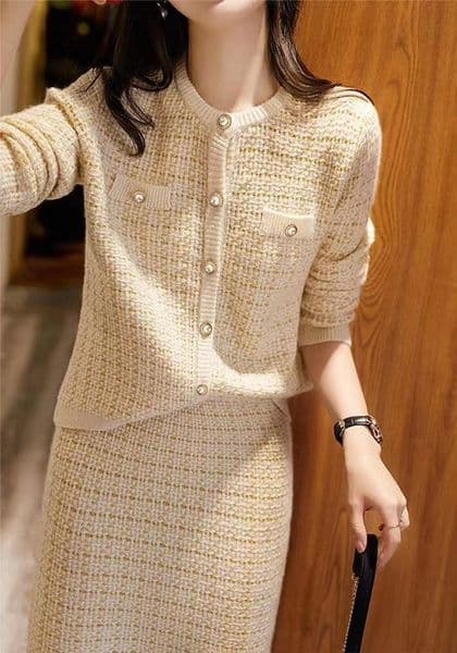 Women's Knits Tees Herstory Suit Autumn Temperament Cardigan Slim Bag Skirt And Knitted Twopiece 230324