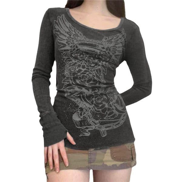 Women's T-Shirt Xingqing 2000s Graphic T Shirt Vintage Fairy Grunge Floral Wings Print Long Sleeve Tops y2k Women Clothes Basic Harajuku Tee 230325