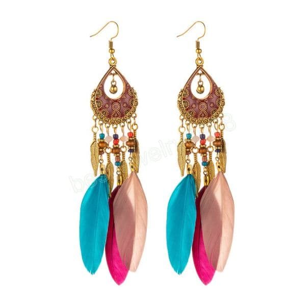 Bohemian Long Feather Drop Dangle Earrings For Women Beaded Handmade Carved Heart Earrings Boho Vintage Indian Jewelry