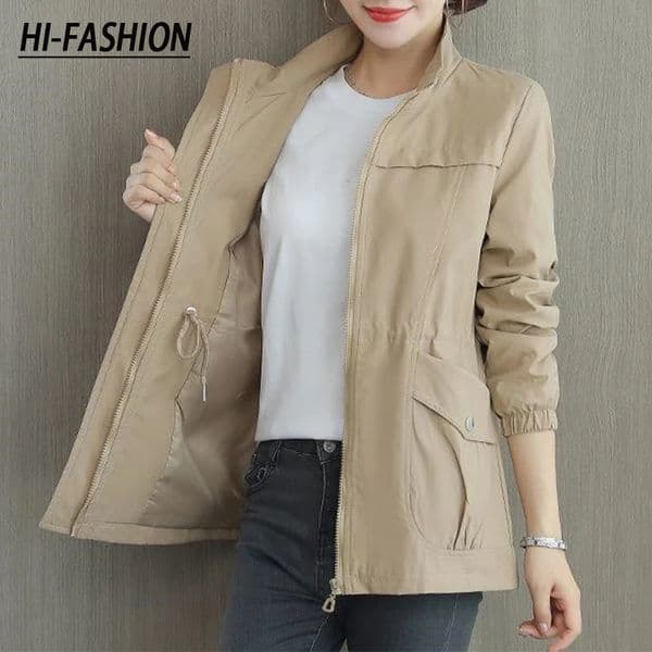 Women's Jackets HI FASHION Jaket Wanita Dua Lapis Tahan Angin Musim Gugur Kasual Mantel Ramping Fashion Ukuran Besar 4Xl Kerah Berdiri 230328