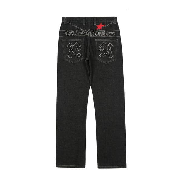 Mens Jeans Chic Star Letter Embroidery Black Hip Hop Men Straight Jeans Trousers Streetwear Male Baggy Denim Pants Fashion Spodnie 230328