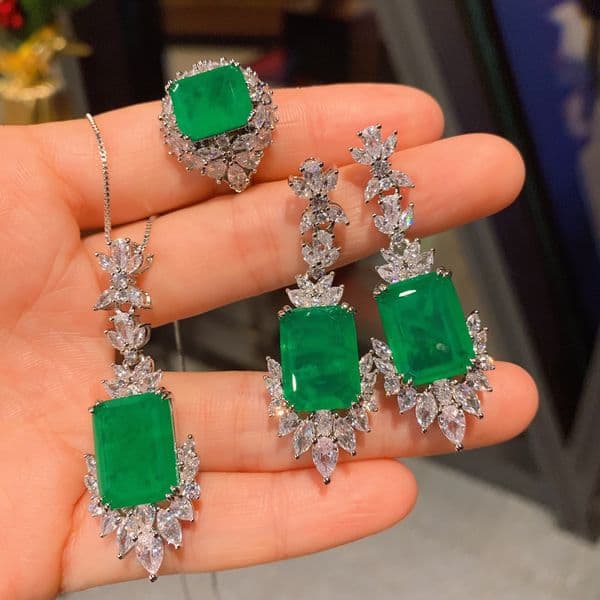 Luxury Designer Vintage Lab Emerald Diamond Set 14K Gold Engagement Wedding Rings Earrings for woman Necklace For Women Bridal Jewelry Gift Free Shipping