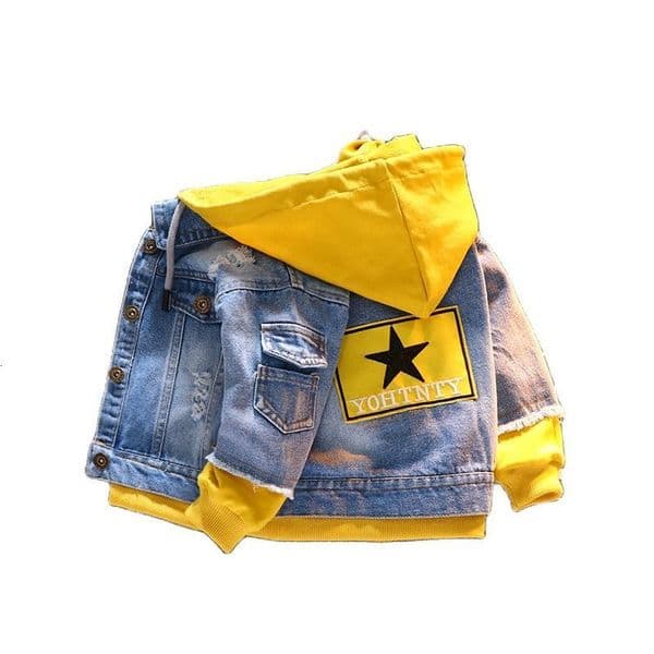 Jackets Spring Autumn Denim Jacket For Boy Girl Korean Version Fashion Patchwork Hooded Cowboy Coat Casual Children s Clothing 230329