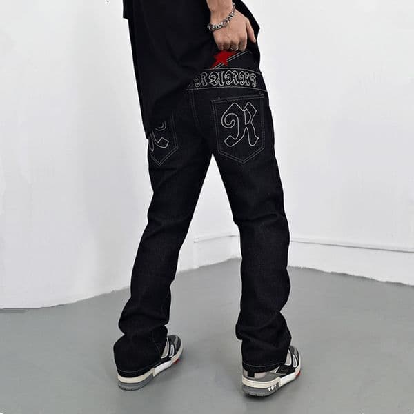 Mens Jeans 2023 Chic Star Letter Embroidery Black Baggy Men Straight Pants Y2K Streetwear Male Hip Hop Denim Trousers Vetement Homme 230329