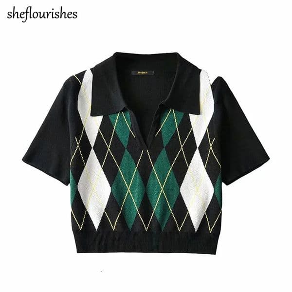 Women's Polos Summer shirt women short sleeve polo vintage knitted s korean argyle s black office lady cropped 230330