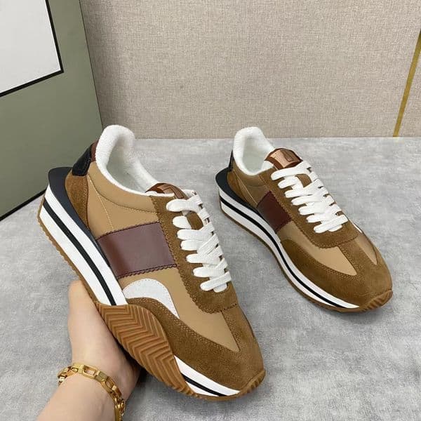 Fashion Men James Sneakers Shoes Calfskin, Suede,Canvas Stripe Trainers Chunky Rubber Sole Man Skateboard Walking Discount Footwear EU38-46