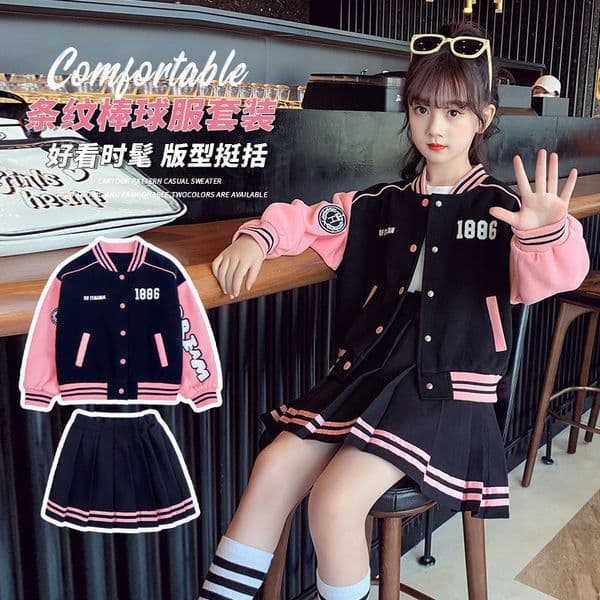 Clothing Sets Teen Girls Autumn Suit Baseball Uniform Spring Fashion Letter Print Patchwork Jacket Coat Pleated Skirt 2pcs JK Outfits 4 14 Y 230504