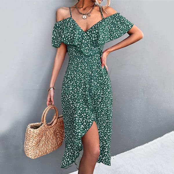 Casual Dresses WAYOFLOVE Ladies Spring Summer Sexy Straps Dress Women Green Off Shoulder Ruffles Casual Beach Dresses Female Floral Print Dress 230505