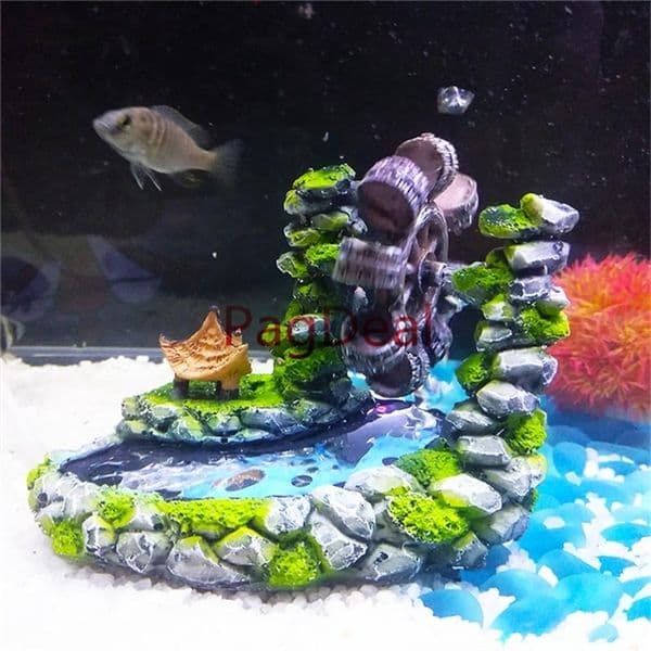 Decorations Resin Aquarium Vintage Style Landscape Waterwheel Bubbles Stone Fish Tank Aquariums Creative Ornament Windmill 230505