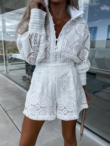Women's Tracksuits Foridol Vintage Single Breasted White Lace Women Shorts Sets Spring Long Sleeve Casual Party 2 Pcs Outfits Femme Suit Summer 230508