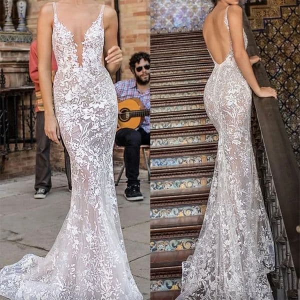 Berta Vintage Mermaid Dresses Spaghetti Sexy Backless Bridal Gowns Sweep Train Illusion Beach Wedding Dress