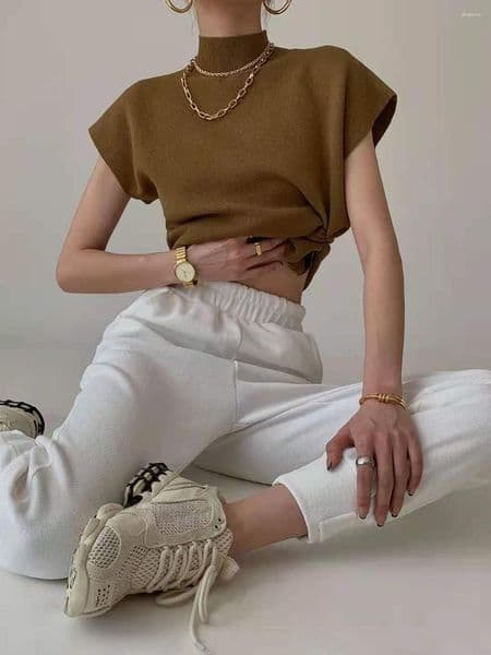 Women's Sweaters French Half High Collar Women's Vest Knitted Short Sleeve Vintage Elegant Loose Waistcoat Female 2023 Spring T-shirt