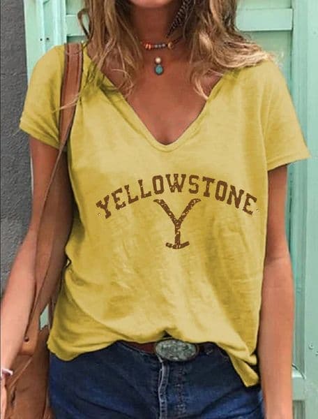 Women's TShirt YELLOWSTON Woman Tops Casual Cotton Vneck Sleeveless Tshirt Female Loose Printed Tee Femal Sexy Clothing Mujer Camisetas 230510Z