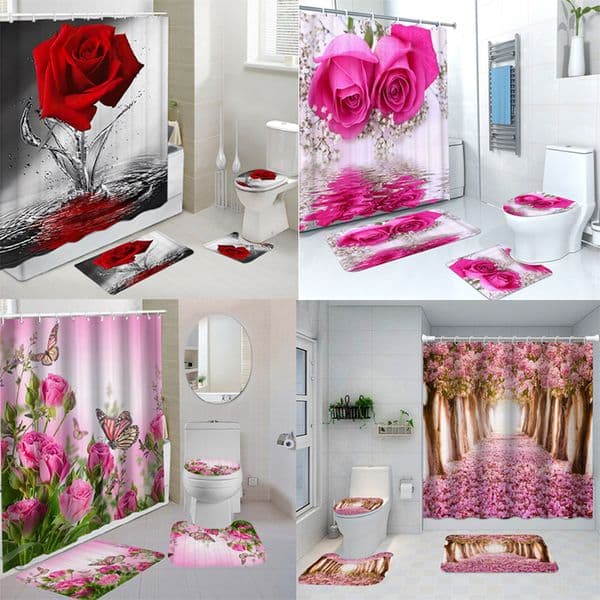 Shower Curtains Red Rose Butterfly Flowers Bathroom Curtain Set Waterproof Polyester Washable NonSlip Bath Mat Rugs Carpet Toilet Cover 230510