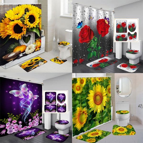 Shower Curtains Modern Style Flower Durable Waterproof Curtain Set Toilet Seat Cover Bath NonSlip Mat Rug Carpet Bathroom Decor Washable 230510