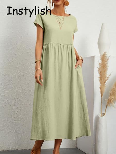 Casual Dresses Women Elegant Solid Maxi Dress Summer Short Sleeve O Neck Vintage Harajuku Cotton Linen Loose Sundress Y2K Pockets Long Dress 230511