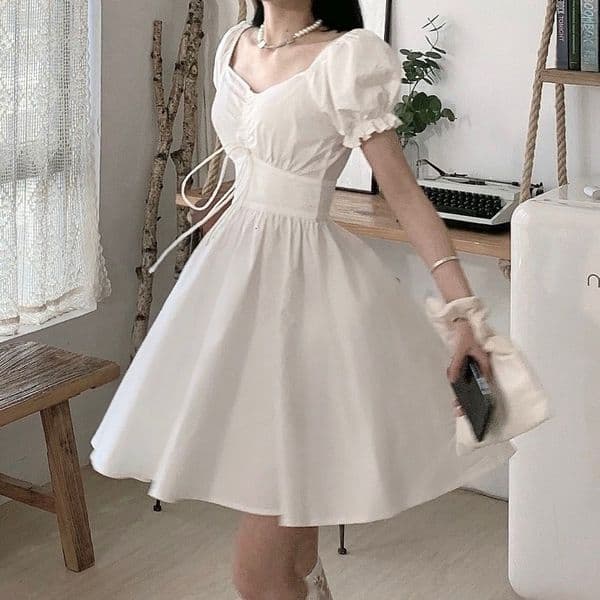 Casual Dresses QWEEK Sweet White Puff Sleeve Dress Women Mori Vintage Wrap Bodycon Short Dresses Preppy Style School Robes Female 230512
