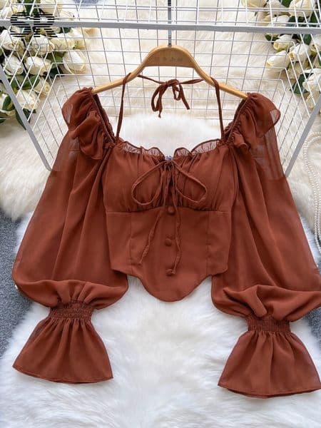 Women's Flare Sleeve Chiffon Blouse, Halter Backless Ruffle Top, Elastic Waist Slim Fit Short Shirt