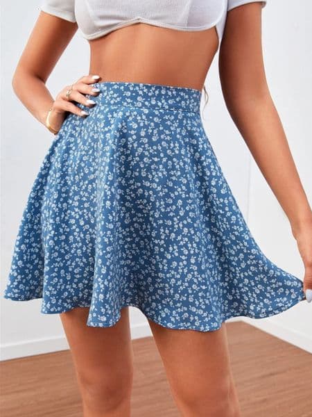 Skirts Chiffon Skirt With Y2k Short Summer Mini Sexy Women Floral Print High Waist Umbrella Ladies Blue Lnvisible Zipper Lining 230516