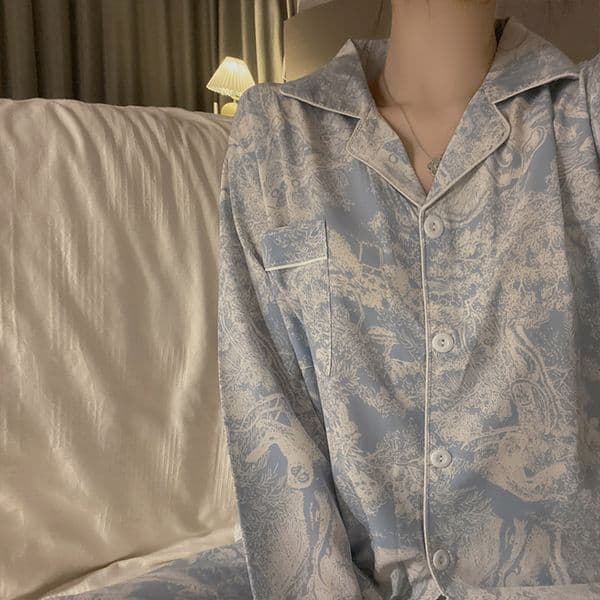 Women's Sleepwear Autumn Spring Ice Silk Pajamas Women Sleepwear Long Sleeve Casual Nightwear Pyjamas Suit Home Clothes Floral Printed Sleep Set 230517