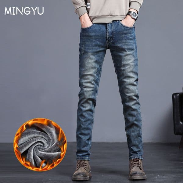Men's Jeans Winter Fleece Warm Men's Jeans Vintage Blue Cotton Classic Slim Skinny Fashion Streetwear Thick Fluff Denim Trousers Male 27-38 230517