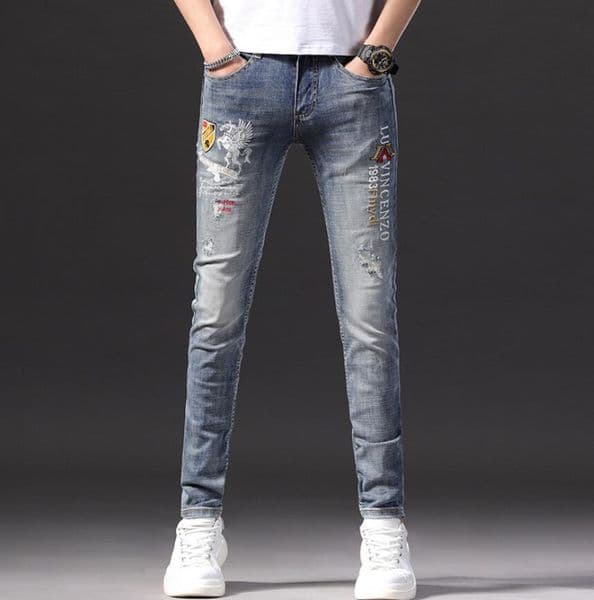 2023 Mens Slim Fit Small Ft Pants Versatile Fashion Blue Embroidery Elastic Fashion Pants L260525