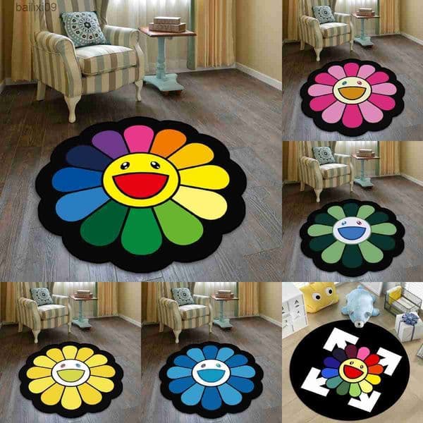 2025 new Carpets Sun Flower Smiley Round Carpet for Bedroom Bedside Living Room Area Rug Lint-free Doormat Chair Mats Fashion Floor Mat Anti-skid T230519