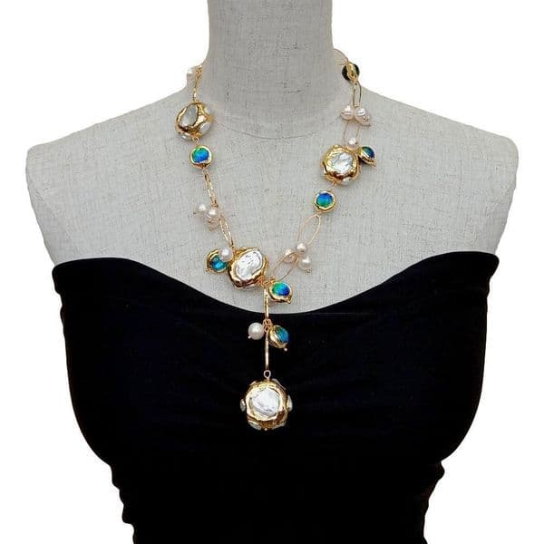 Pendant Necklaces YYGEM Blue Murano Glass Freshwater Cultured White Keshi Pearl Gold Filled Chain Necklace 21" 230519