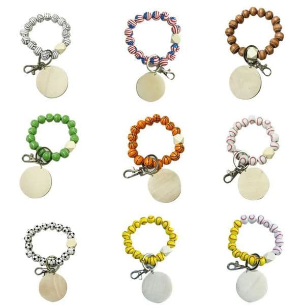STOCK DIY Beaded Keychain Pendant Party Favor Sports Ball Soccer Baseball Basketball Wooden Bead Bracelet 9 Colors U0519 Free Shipping